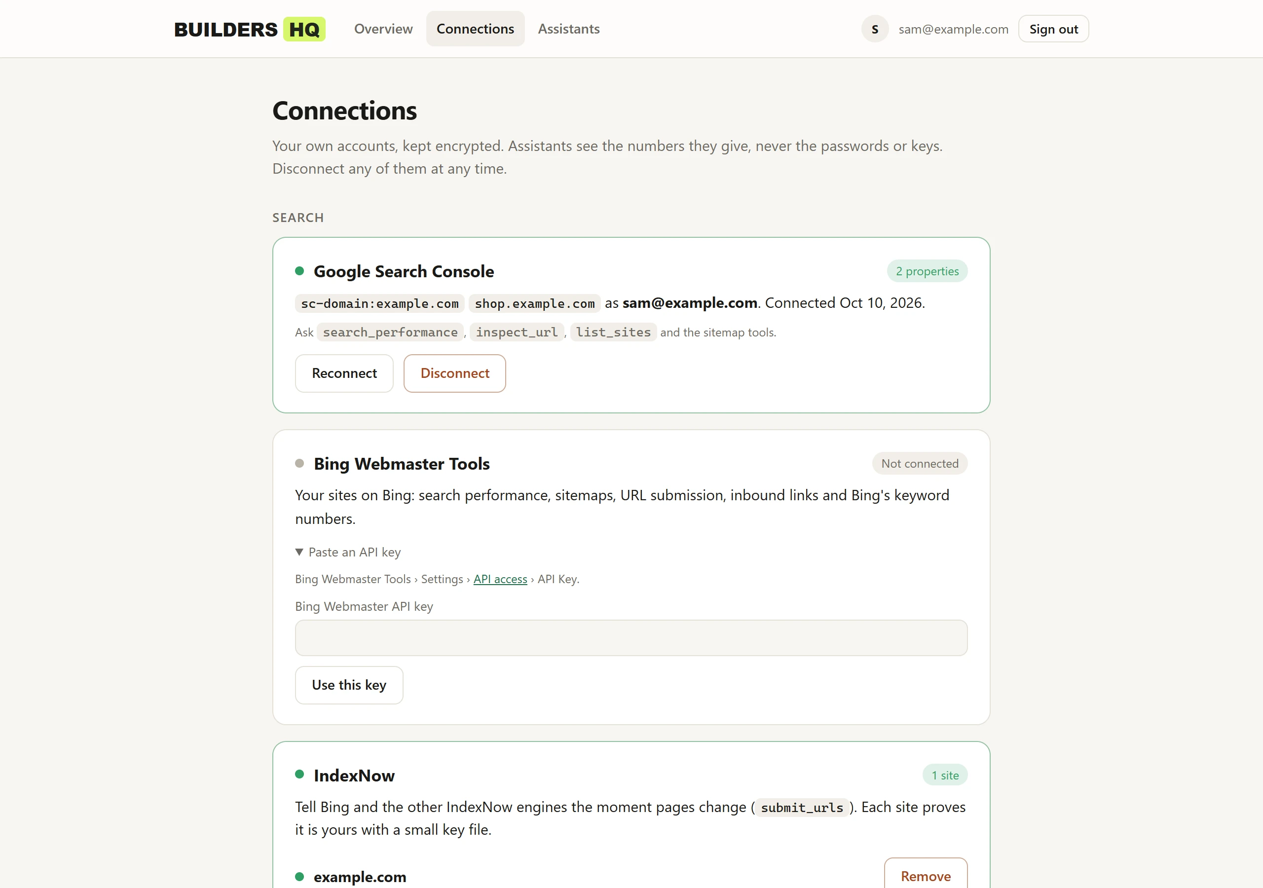 The Builders HQ Connections page: Google Search Console connected with two properties, Bing Webmaster Tools ready to connect with an API key, IndexNow set up for one site.